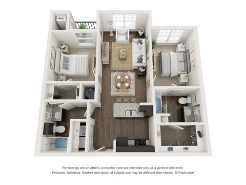 Floor plan for 2 beds, 2 baths, 938 sqft